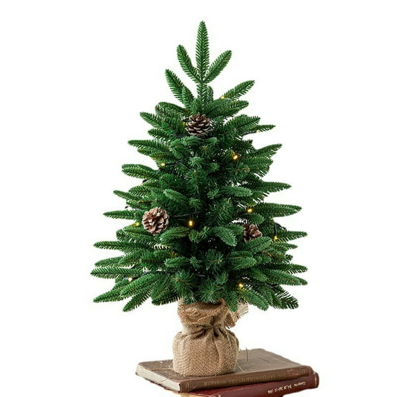 Mini Christmas Tree, Artificial Small Tree with PE Branches, Burlap Base, Green, for Home Decorations, Pre-lit, 2FT