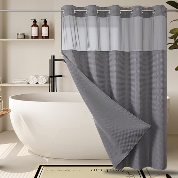 Ringless Shower Curtain No Hook Waterproof Fabric with Wave Weave, Built-in Detachable Liner, Easy Installation, Hotel Standard, 71" W x 74" L, Gray