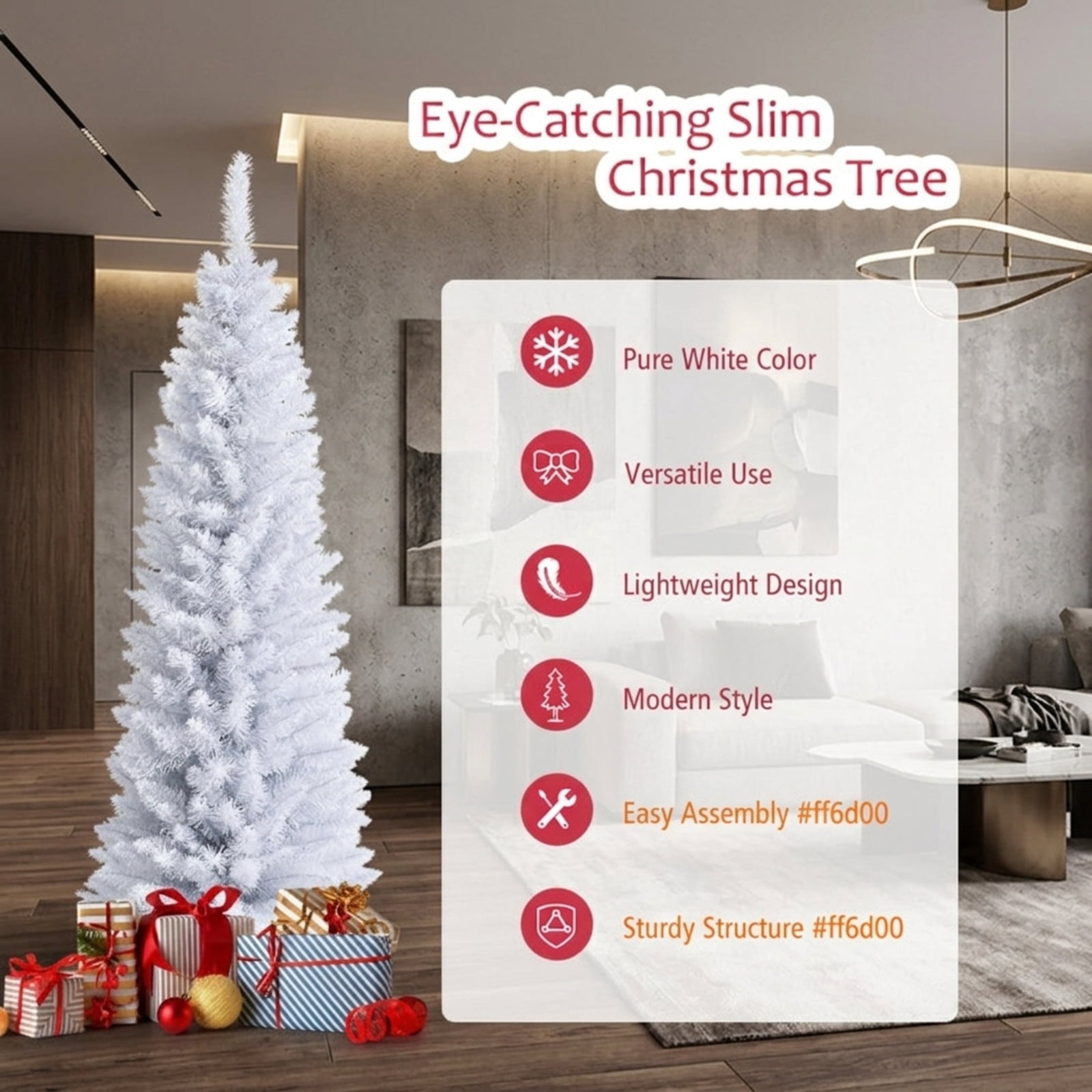 RUIE, 6 ft, Artificial Christmas Tree, 6 Ft White Pencil Tree, 340 Branch Tips, White, Hinged Branches for Christmas Party Living Room Decor
