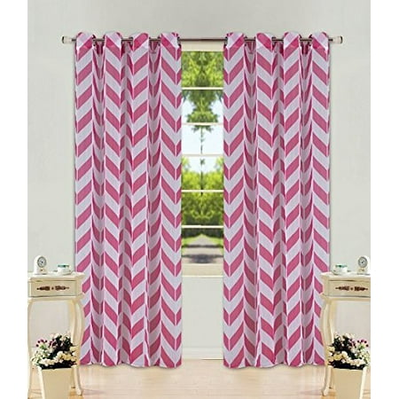 Hot Pink Plaid Design - 2 Panel Chevron Hot Pink Two-Tone Pattern Design Voile Sheer Window Curtain 8 Silver Grommets 55
