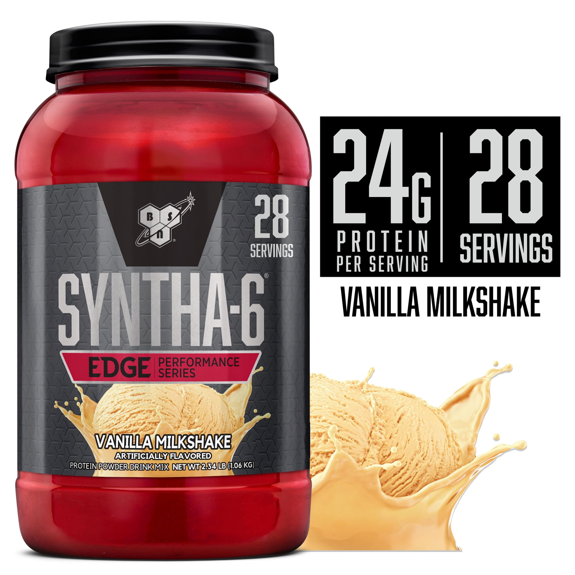 BSN SYNTHA-6 Edge Protein Powder, Vanilla Protein Powder with Hydrolyzed Whey, Micellar Casein, Milk Protein Isolate, Low Sugar, 24g Protein, Vanilla Milkshake, 28 Servings