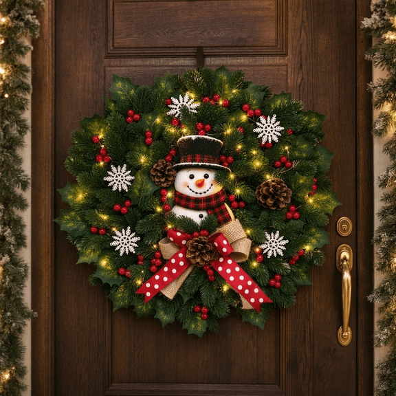 Illuminated Christmas Snowman Wreath Ornament with LED Lights for Indoor Outdoor Door Wall Window Holiday Decoration