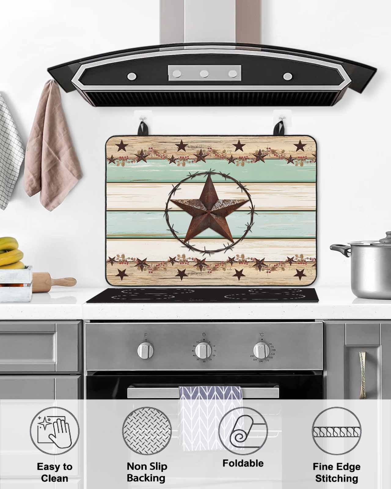 nqOlkjepod Large Induction Cooktop Protector Mat 36"x21", Western Texas Star Green Stove Top Covers for Electric Stove, Farmhouse Brown Country Vintage Stove Burner Cover Mats, Glass Top Stove Cover