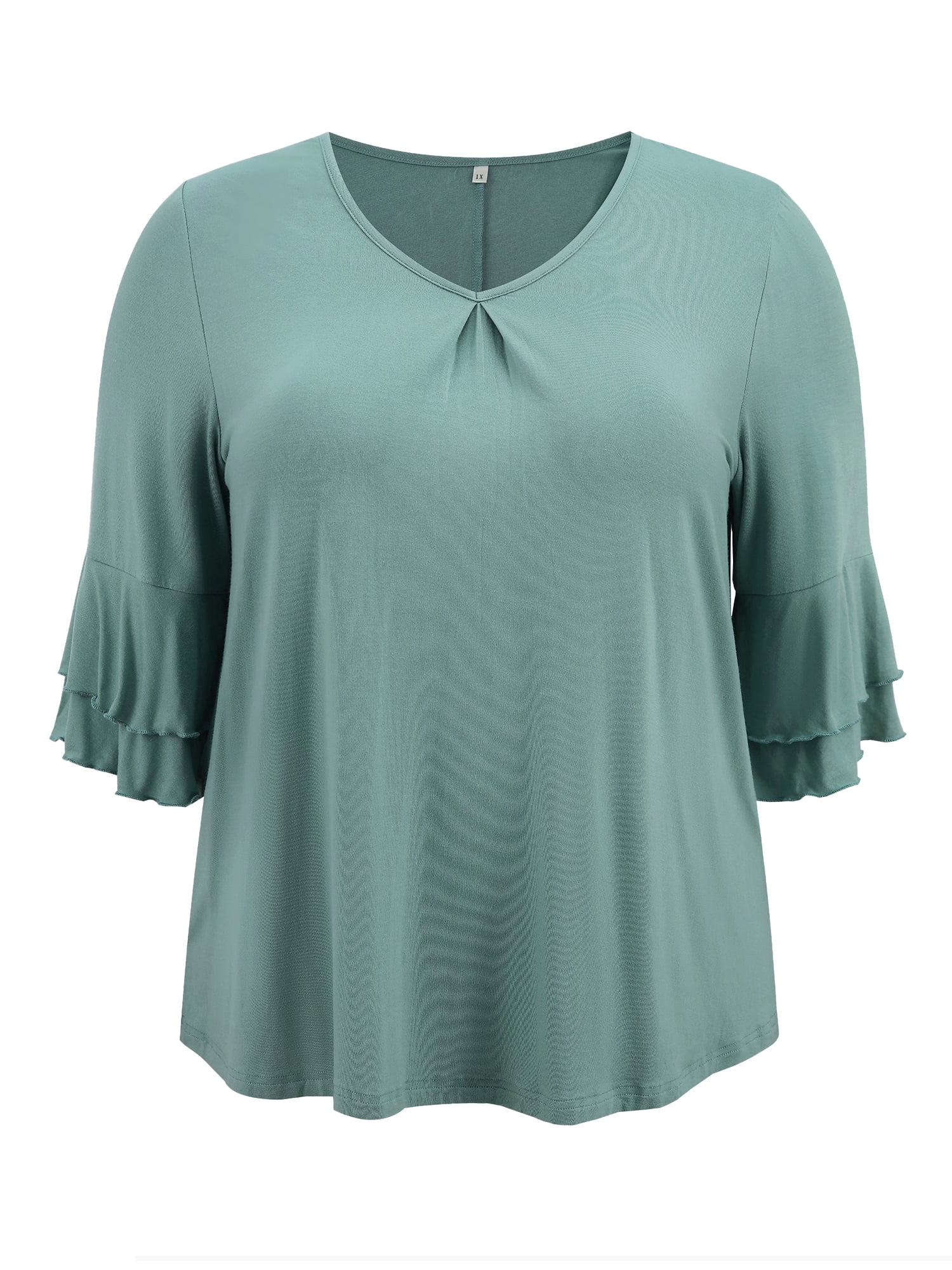 DARING DIVA Women's Plus V Neck Ruffle 3/4 Sleeve Pleated Front Casual Blouse 3X Green