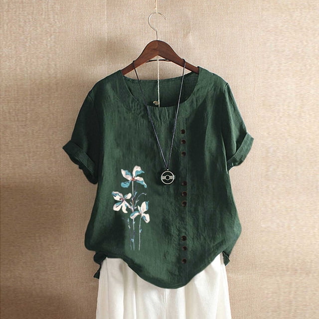 ICHUANYI Clearance Women's Fashion Summer Round Neck Leisure Short Sleeve Printed Buttons Tops(Green, S) ICHUANYI WER2023080901066