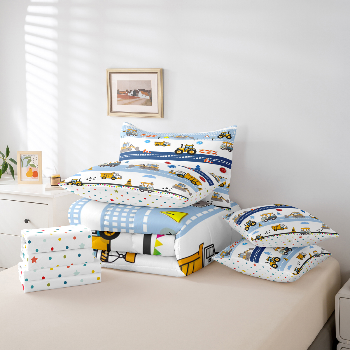 Homewish Cartoon Excavator Bulldozer 7-Piece Twin Bedding Sets,Construction Vehicles Bedding Comforter Set,Blue White Yellow Sheet Sets For Boys Kids,Super Cozy Room Decor Reversible