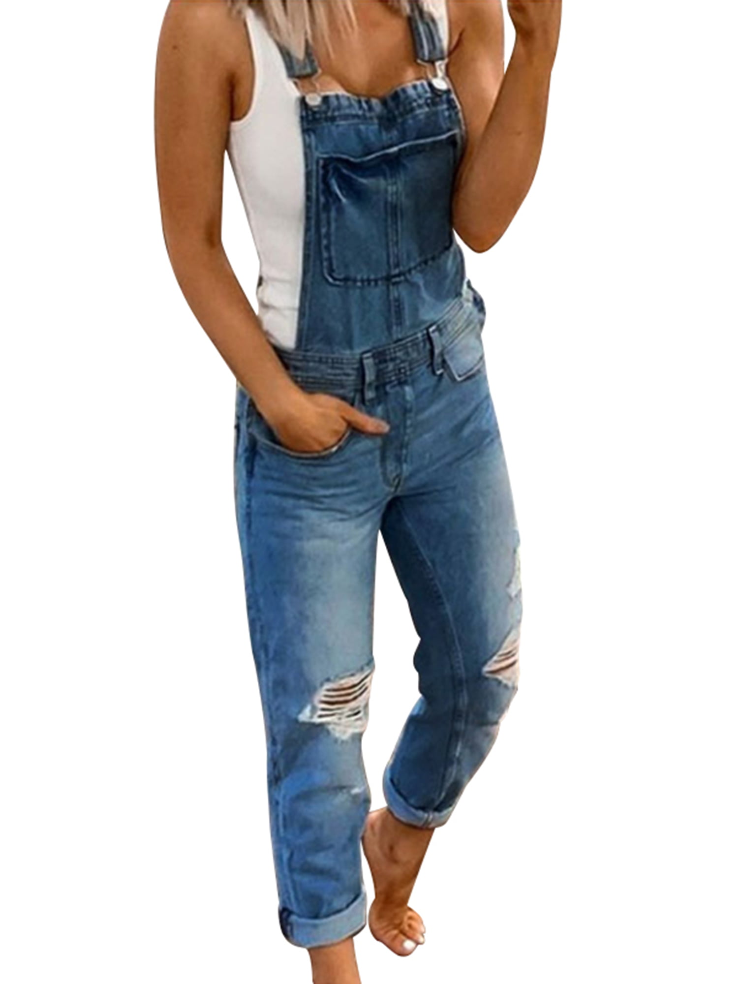 Stylo Womens Cotton Denim Dungarees Long Ripped Knee Wash Jeans Jumpsuit Full Length
