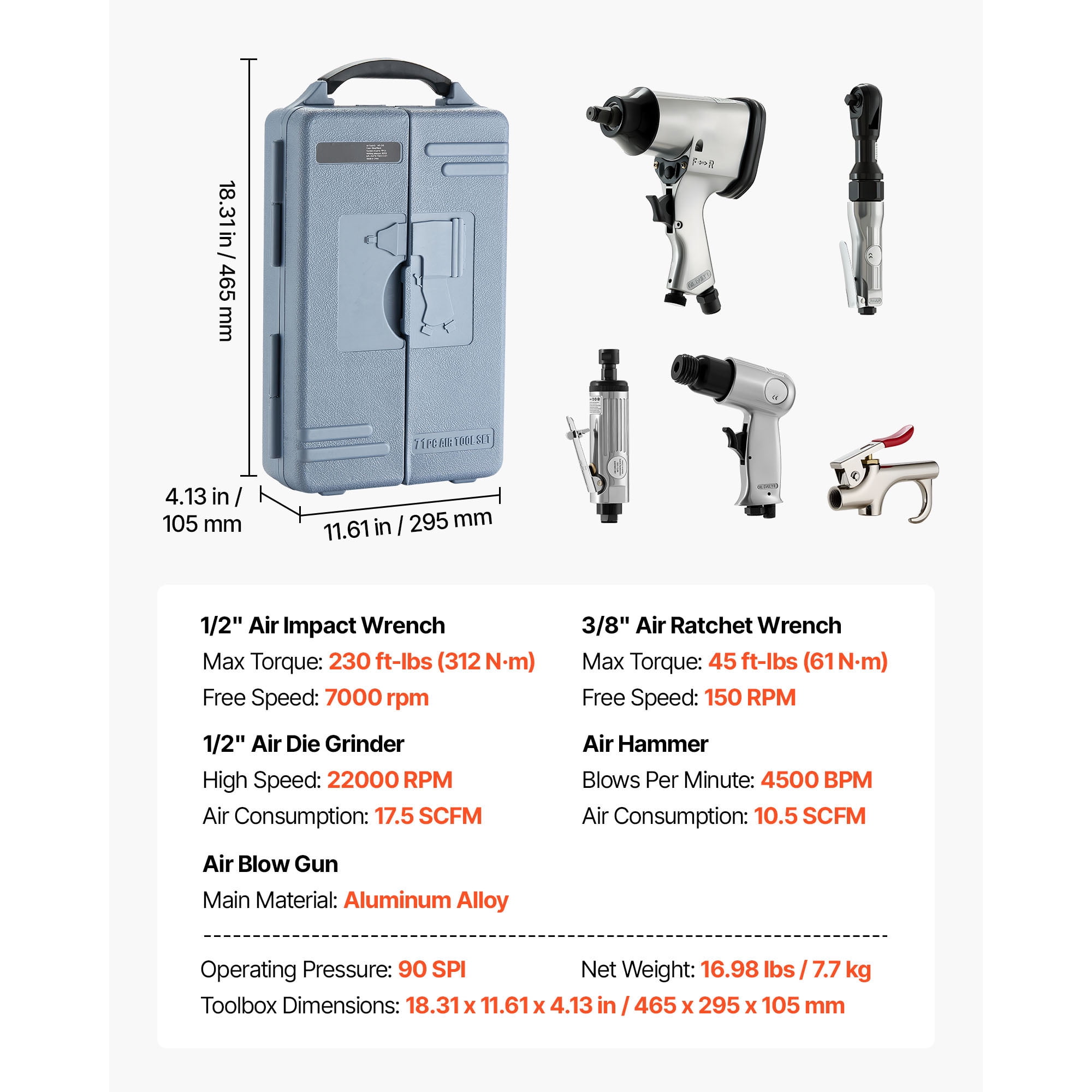 KFFKFF 71-Piece Professional Air Tool and Accessory Set - Includes 1/2" Impact Wrench, 3/8" Ratchet Wrench, 1/2" Die Grinder, 4500 BPM Air Hammer, Blow Gun for Automotive Repairs and DIY Projects