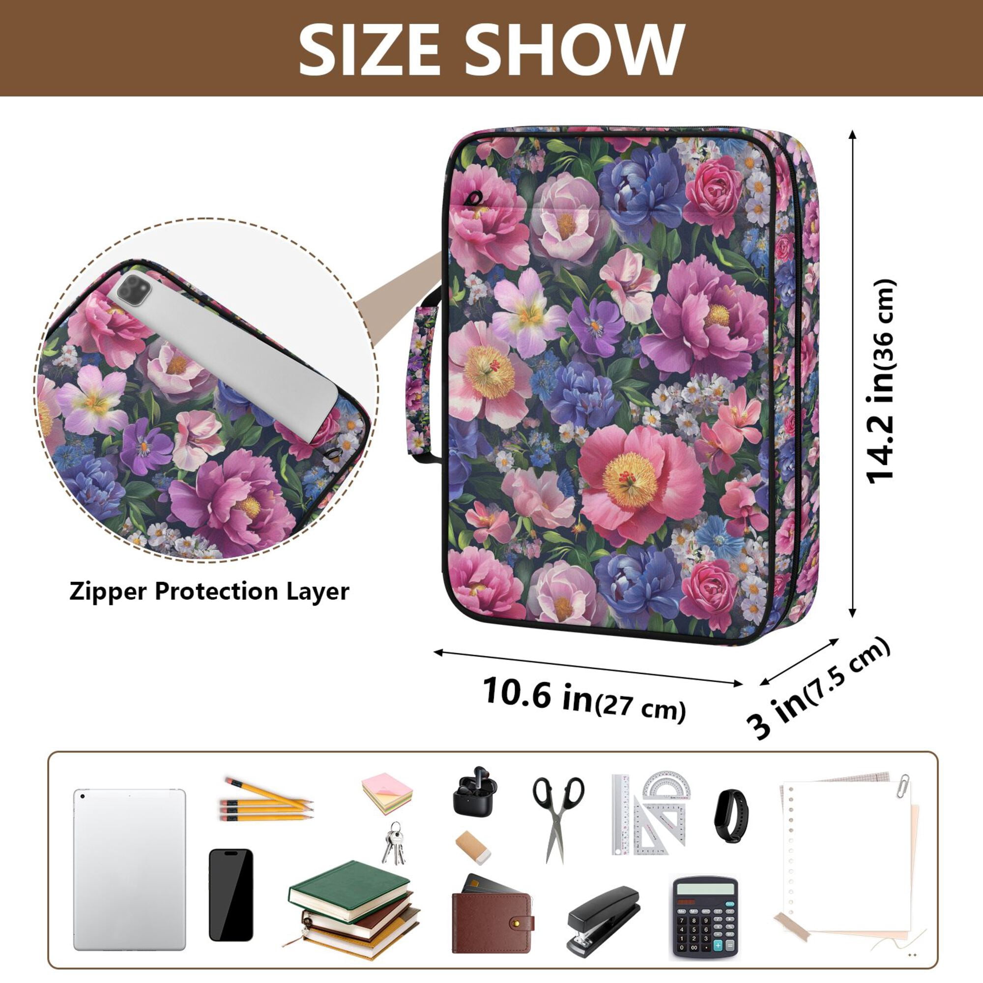 FORMRS Accordion File Folder A4 Size 7-Pocket Expanding Document Organizer Bag with 3 Ring Binder, Soft Pinks Flowers