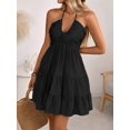 thumbnail image 4 of Womens Black Ruched Halter Mini Dress, Tiered Tiered Shirred A-Line Party, 4 of 7