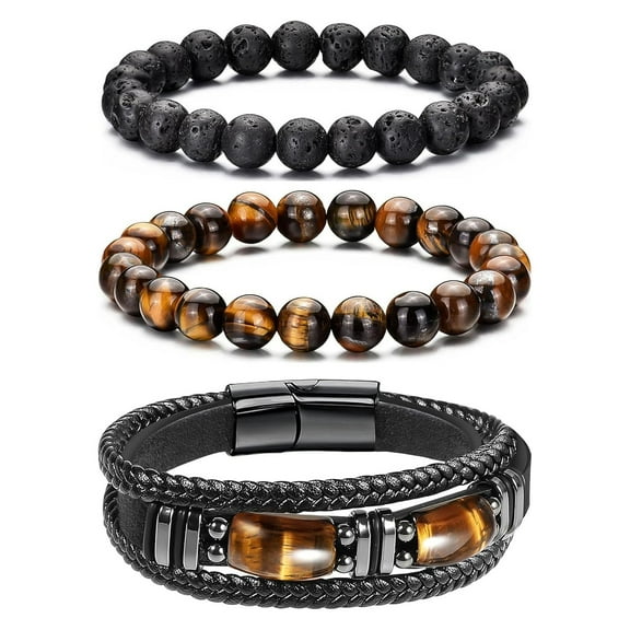 3PCS Leather Bracelet Set for Men, Black Leather Tiger Eye Bracelet 8mm Lava Beaded Adjustable Stretch Bracelet