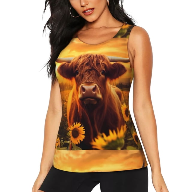 Fotbe Vintage Sunflower Cow A Blusas Sin Mangas para Mujer – Estilo Casual, Corte Suelto, Slim-Fit, Cuello Redondo Deportivo, Tops de Verano para Gimnasio y Yoga-Medium