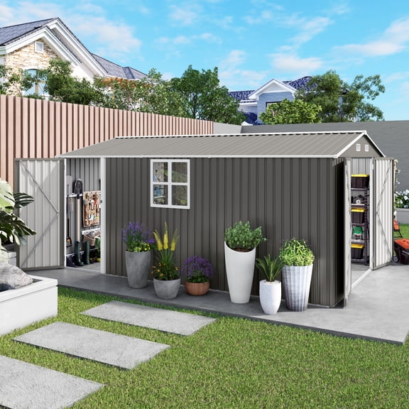 Easmvetaln 10x14FT Metal Outdoor Storage Shed with Front and Side Doors, Garden Shed for Backyard (Gray)