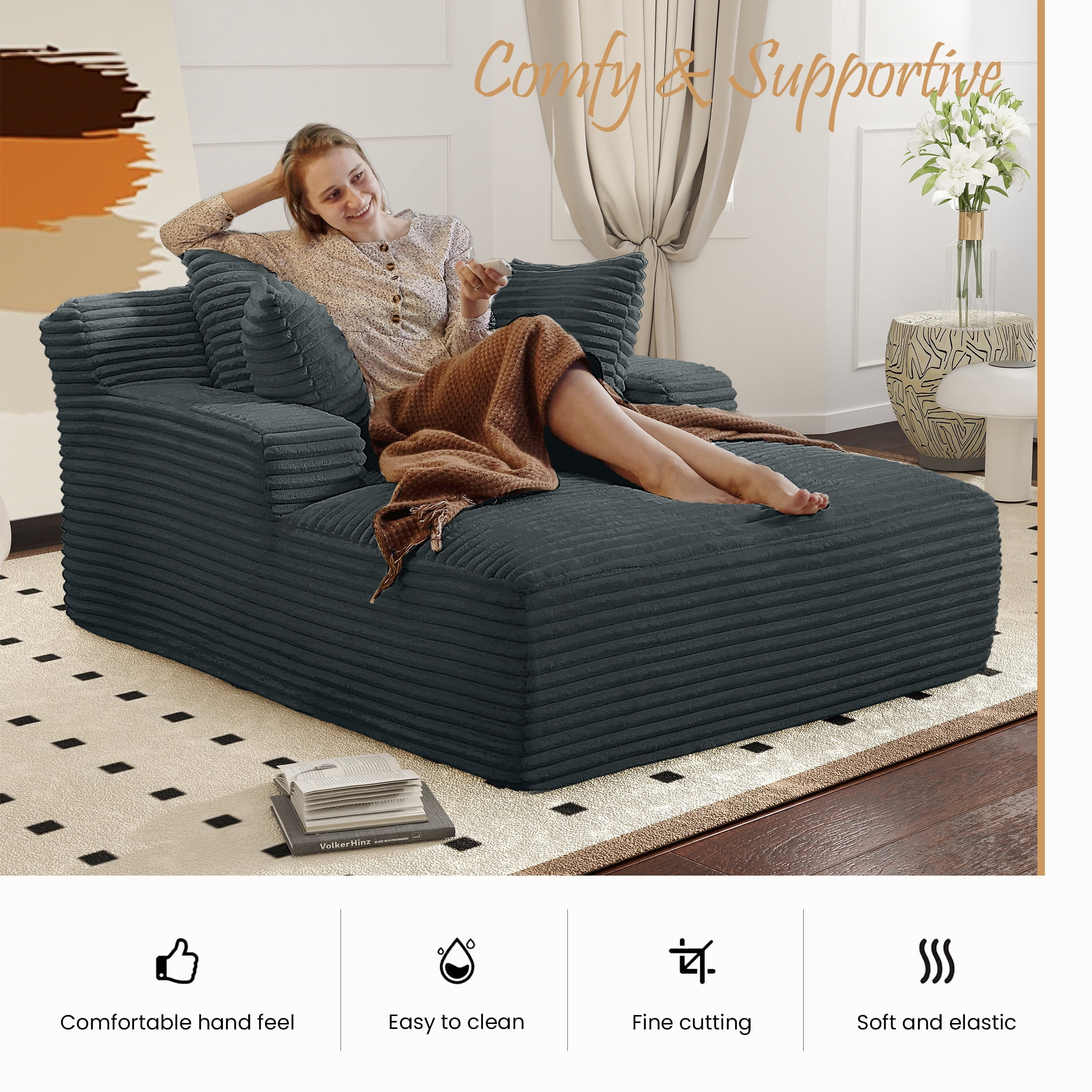 Aukfa 66" Oversized Chaise Lounge Chair, Corduroy Sleeper Sofa with 3 Pillow for Living Room,Black