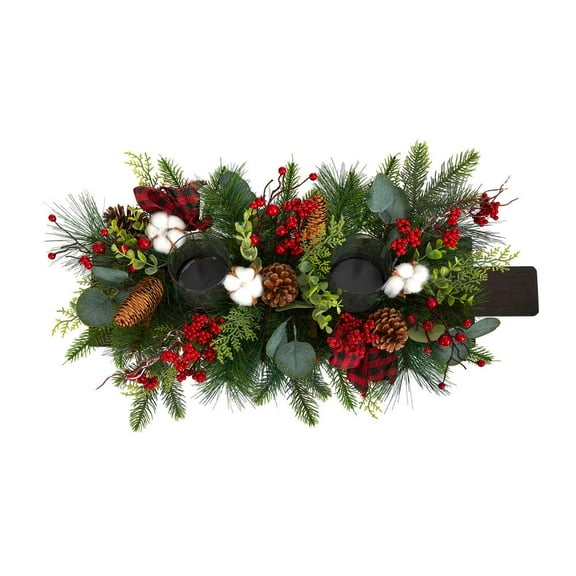 Nearly Natural 7"H Holiday Berries, Pine Cones And Eucalyptus Christmas Artificial Arrangement, 7"H x 24"W x 12"D, Brown/Green