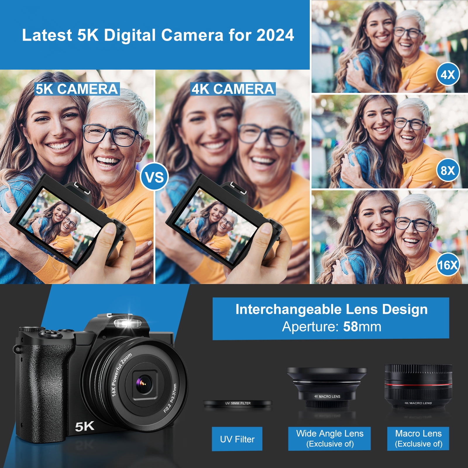 5K Digital Camera WiFi  Autofocus Vlogging Camera 48MP Compact Video Camera for Youtube with 32G SD Card UV Filter
