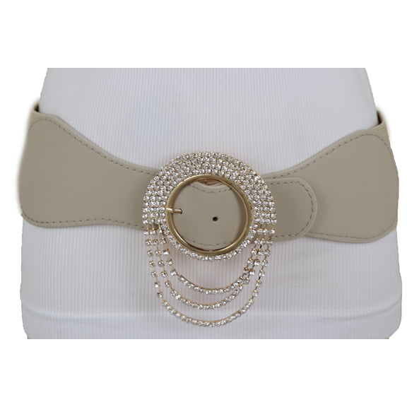Women Elastic Beige Fashion Wide Belt Gold Round Buckle S M