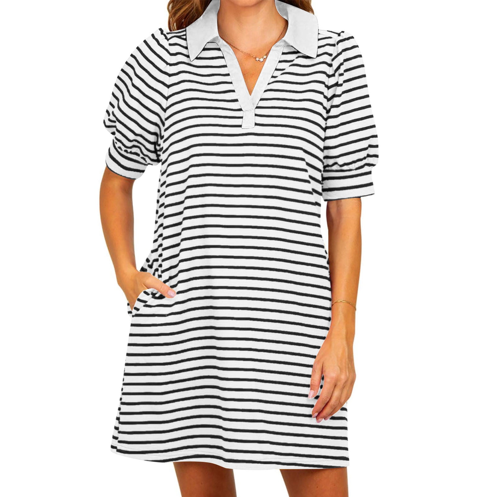 SEAOPEN Deals Womens Striped V Collar T Shirts Dresses Short