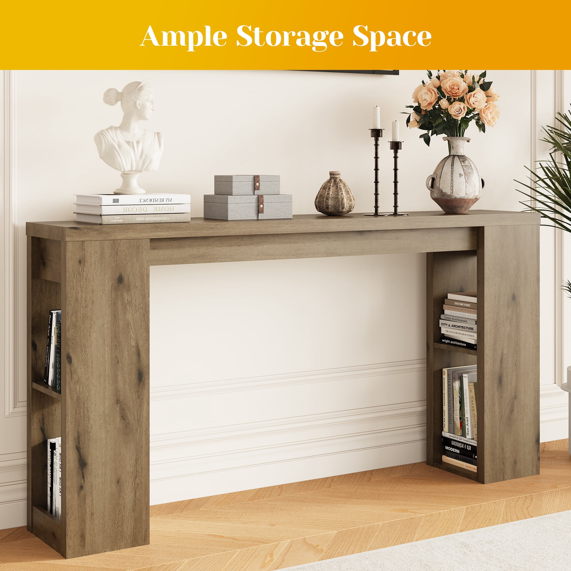 63 Inch Natural Farmhouse Console Table with Open Storage Shelves, Rectangular Wooden Entryway Sofa Table for Hallway Living Room Foyer Decor Display