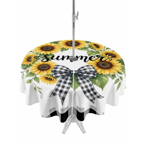 Outdoor Tablecloth with Umbrella Hole for Patio/Picnic/Party/Camping, Sunflowers Wreath Waterproof Table Cloth Round Cover Washable, Summer Botanical Leaves Flowers Black Plaid (Dia 54")