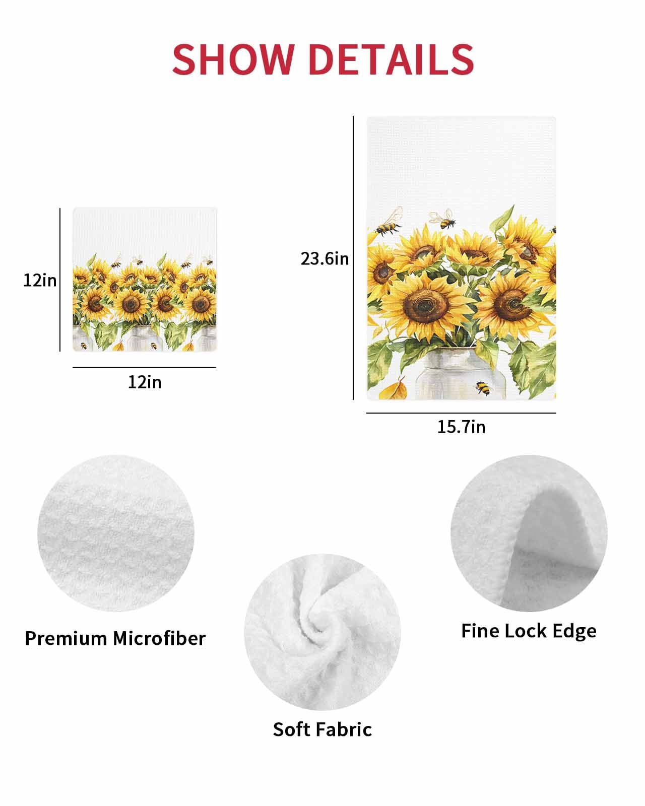 Sunflower Bee Hand Towels Set, Waffle Weave Kitchen Towels 3 Pieces, Watercolor Yellow White Summer Spring Microfiber Hair Face Bath Tea Towel Absorbent Quick Drying Cleaning Dish Cloths, 15.7"x23.6"