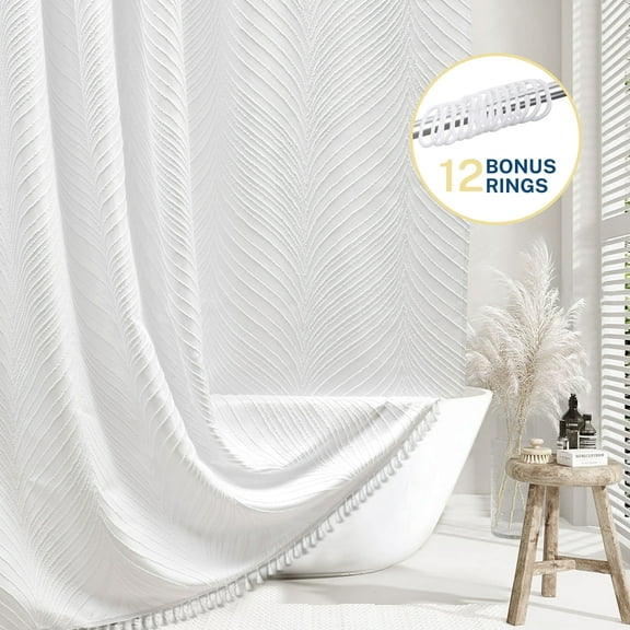 Siiluminisoy White Shower Curtain,Heavy-Duty Mold/Mildew-Resistant,Water-Repellent, Machine-Washable,Boho Tufted Geometric Striped Design,72 x 72