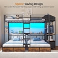 thumbnail image 4 of Triple Bunk Bed with 8 Storage Drawers, LED Lights and Charging Station, Full over Twin over Twin Bunk Beds with Headboard, Guardrails & Ladder, Metal Triple Bunk Bed Frame for 3 Teens/Adults, Black, 4 of 9
