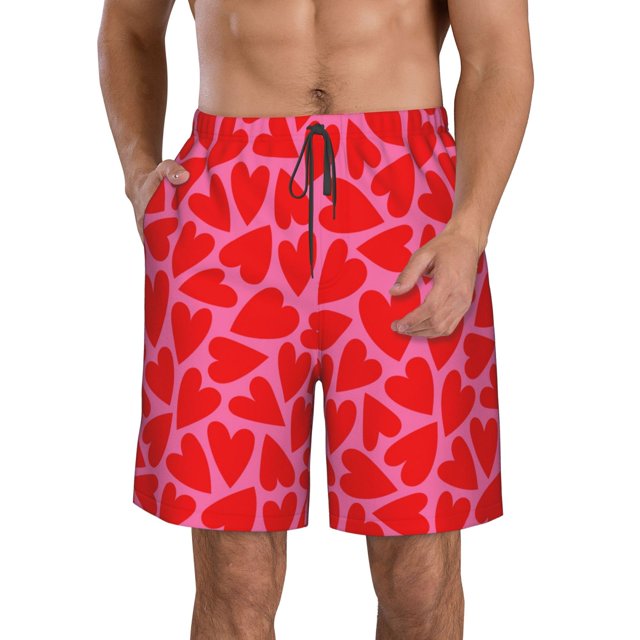 Fotbe Love Heart Trajes de Baño Estampados para Hombre, Shorts de Verano de Secado Rápido, Ropa de Playa, Bañadores-X-Large