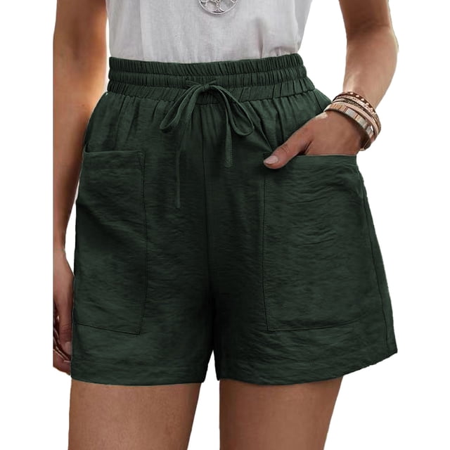 Mujeres cordón pantalones cortos cintura alta casual suelta pierna ancha encaje hasta pantalones cortos con bolsillos para verano OD verde XL