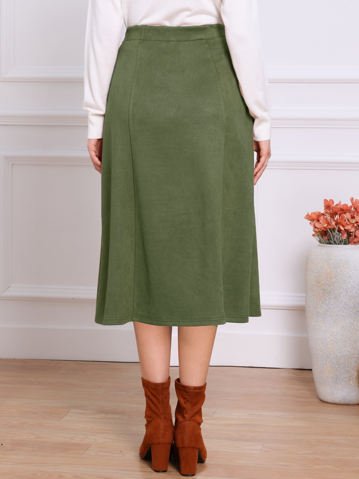 DARING DIVA Women's Casual A Line Faux Suede Midi Skirts Large Dark Green