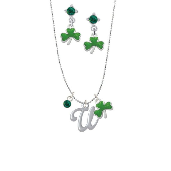 Delight Jewelry Silvertone Small Gelato Script Initial - U - Green Shamrock Necklace and Clover Earrings Jewelry Set