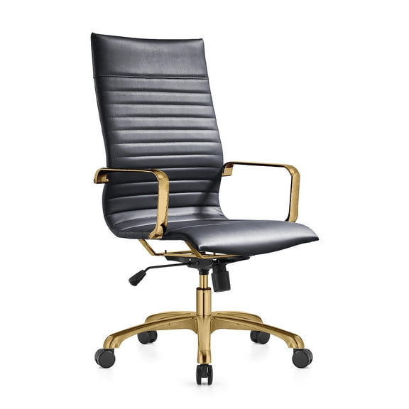 Maklaine High-Back Faux Leather Office Chair With Gold Frame in Black