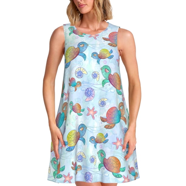 Balery Colorful Sea Turtle Vestidos de verano para mujer con estampado: vestido holgado sin mangas, vestido playero informal y cómodo para días calurosos.