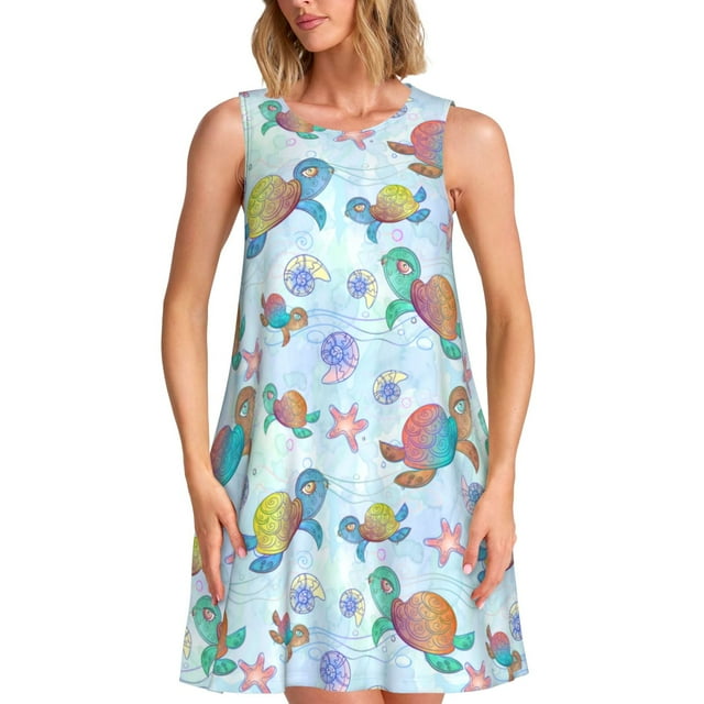 Easygdp Colorful Sea Turtle para Vestido Transpirable de Mujer, Vestido Suelto de Manga Corta con Pliegues y Bolsillos para el Verano