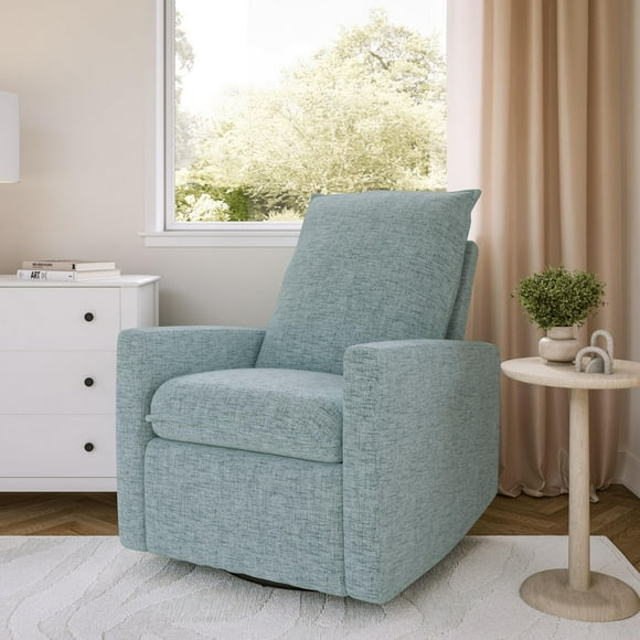CorLiving Caillie Blue Fabric Upholstered Plush Cushioned Gider Swivel Manual Recliner, For Living Room, Bedroom, and more
