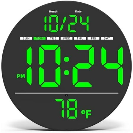 Digital Wall Clock with Large LED Display, Date, Temperature, Auto-Brightness | Small [PLUG-IN] Clock | Modern Electric Wall Clock for Bedroom, Classroom, Living Room, Home, Office, Farmhouse – Green