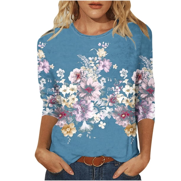 Camisetas de Manga Corta para las Mujeres Retro Cuello Redondo Pascua Impreso Suelto Top, Ligero Poliéster 3/4 Camiseta de Manga para el Desgaste Casual, Diario Y de Primavera