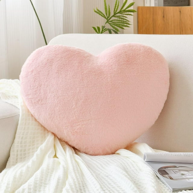Cojín XVTRU con forma de corazón, piel sintética de conejo, color rosa suave, 33 x 25 cm