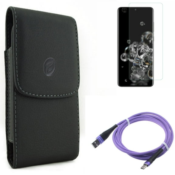 Case Belt Clip w 10ft USB Cable w Screen Protector for Samsung Galaxy S20 Ultra - Leather Holster Cover, Purple Type-C Charger Cord, Tempered Glass [Fingerprint Unlock] 3D Curved fits Galaxy S20 Ultra