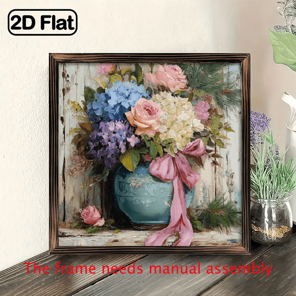 2D Flat, 1pc, Rustic Farmhouse Style A Bouquet Of Flowers Wooden Frame Sign - Floral Theme Retro Style, with Frame Wall Art for Spring Holiday Decor, Home Floral Aesthetic Gift 8x8 Inch