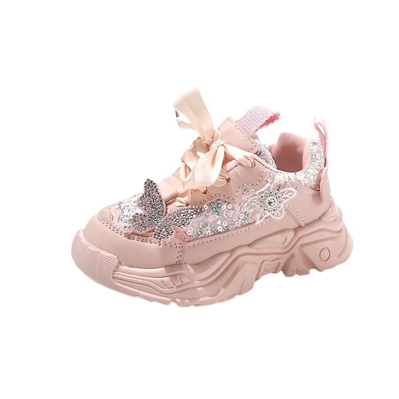 AUDeals Little Girls Bow Lace Sneakers with Pearl Chain Detail, Chunky Sole Non Slip Breathable Shoes for Parties and Daily Wear