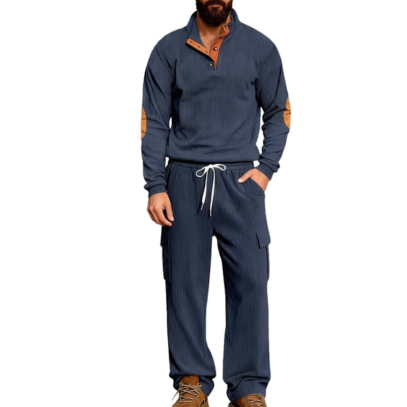 Mens 2 Piece Corduroy Outfits Colorblock Patchwork Long Sleeve Pullover & Wide Leg Cargo Pant Sets Multi Pocket (XL, Navy)