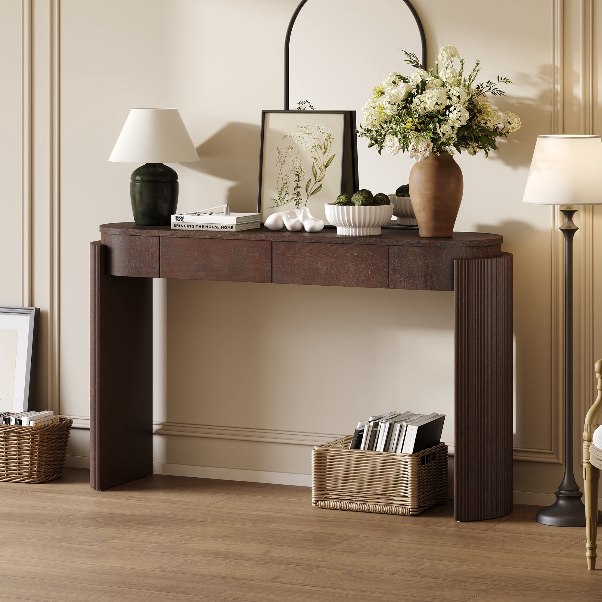 Harper & Bright Designs Fluted Console Table with Storage, Wood Entryway Table with Drawers and Oval Top Shelf, Espresso