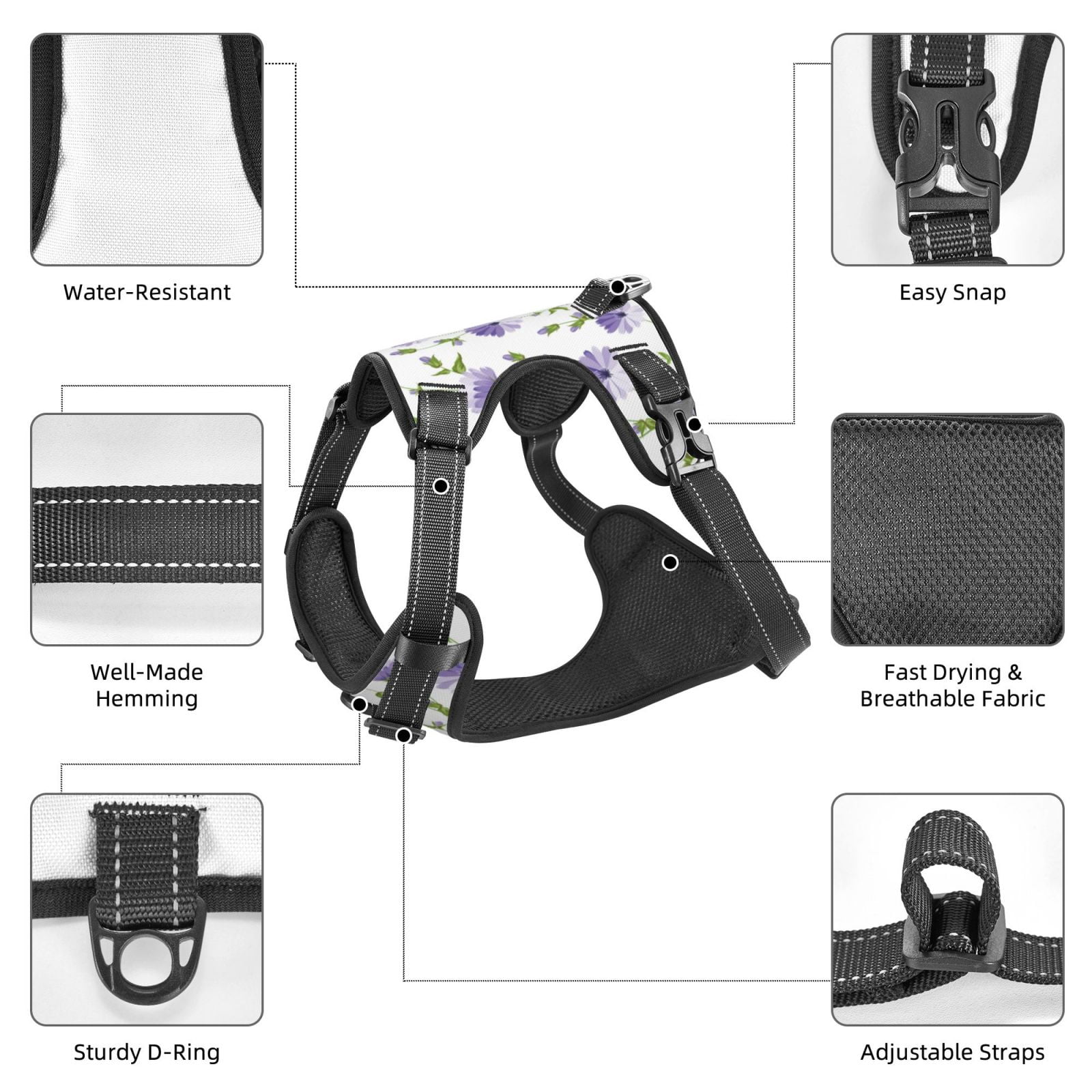 Fuzoiu Purple Chicory Print Reflective Dog Harness,Adjustable, Breathable Pet Vest,Dog Harness No Pull,No Choke Pet Vest for Small, Medium, and Large Dogs-Small