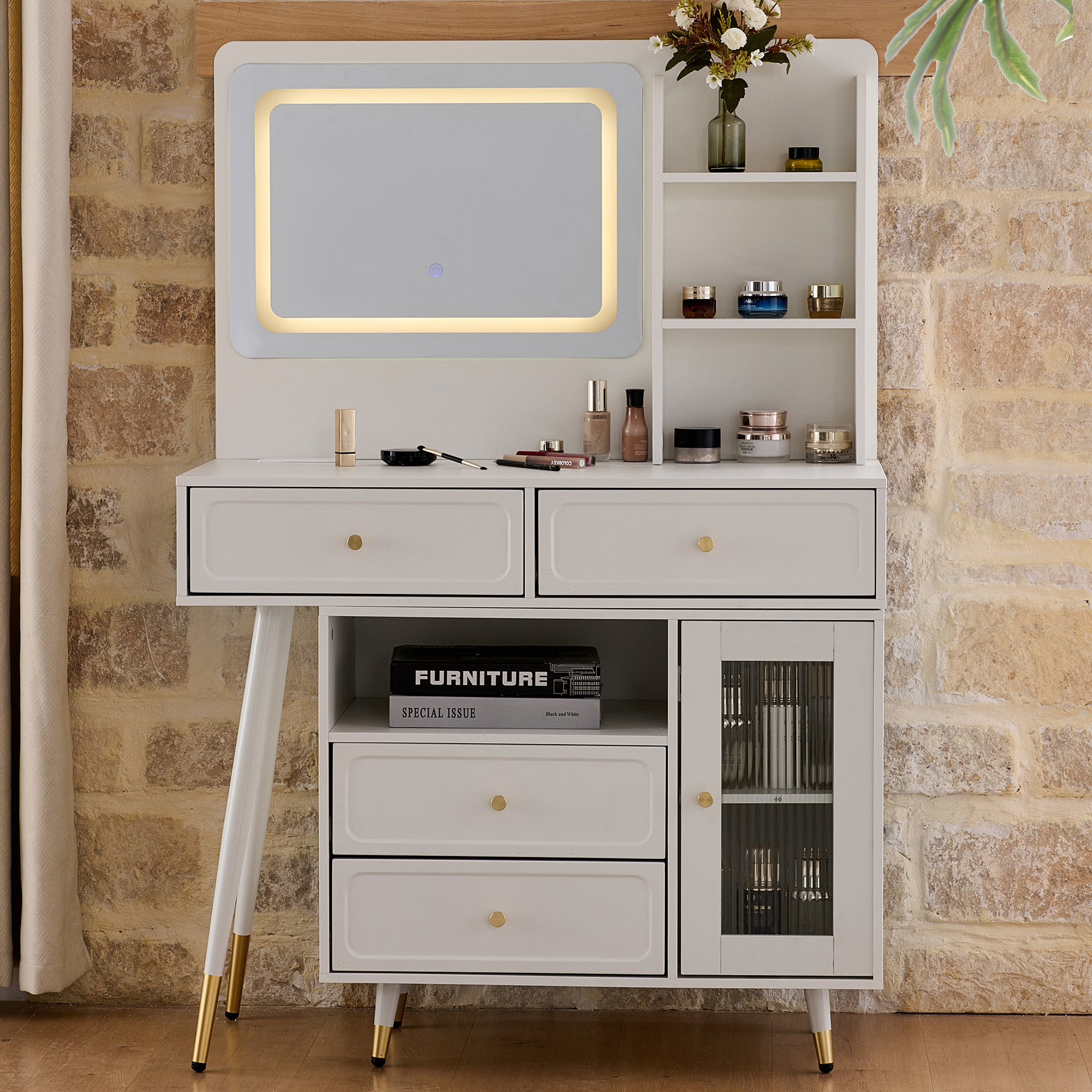 Yoneston Vanity Set with LED Lighted Mirror, 4 Storage Drawers, Movable Cabinet & Upholstered Stool, Makeup Table Set with Charging Station for Bedroom, White