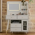 thumbnail image 4 of Yoneston Vanity Set with LED Lighted Mirror, 4 Storage Drawers, Movable Cabinet & Upholstered Stool, Makeup Table Set with Charging Station for Bedroom, White, 4 of 8