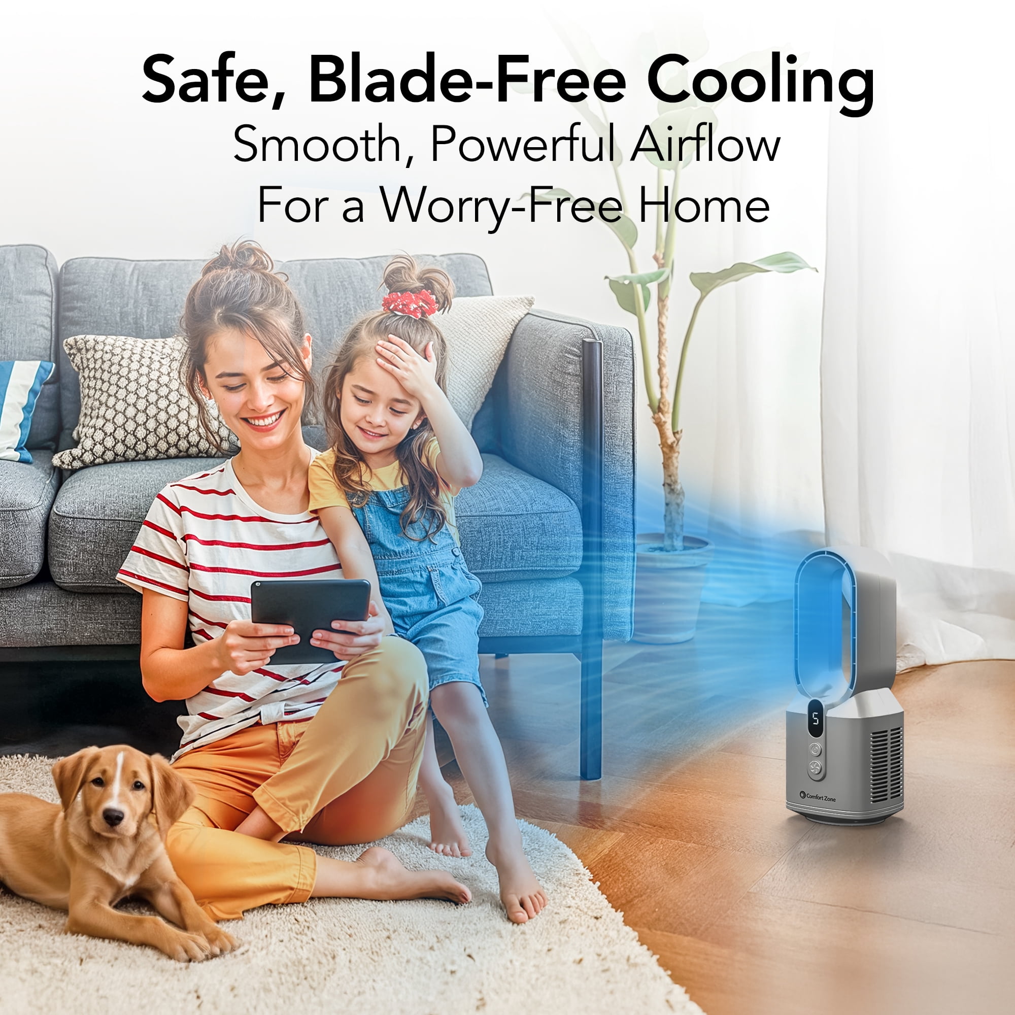 Comfort Zone 14" Rechargeable Bladeless Tabletop Fan, Silver