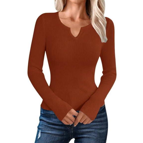 Ediodpoh Womens Autumn Winter Warm Solid Color V Neck Knit Pullover Sweater Top Sweaters for Women Brown L