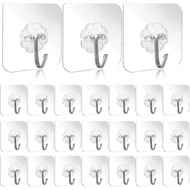 30 self-adhesive hooks, transparent hooks max. 10 kg, transparent self-adhesive hooks