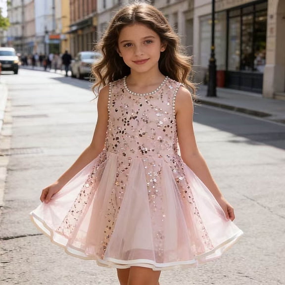 ZHOGXU Toddler Kids Girls Summer Dress Sleeveless Round Neck Sequins Elegant Fashionable Mesh Dresses For Casual Daily Wear,Gold,4-5 Years